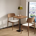 Wooden Dining Table Set With Two Chairs White Cushions Green Pendant Light And City View
