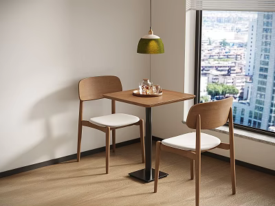 Wooden Dining Table Set With Two Chairs White Cushions Green Pendant Light And City View 3d model