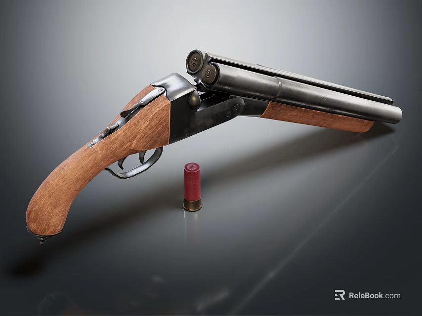 Vintage Pistol With Wooden Grip And Metal Barrel Next To Red Bullet 3d model 