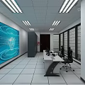 Monitoring Room Interior With Large Screen Multiple Computer Monitors Office Desk And Server Racks