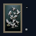 White Doves Animal Painting With Golden Frame On Black Wall And Spotlight