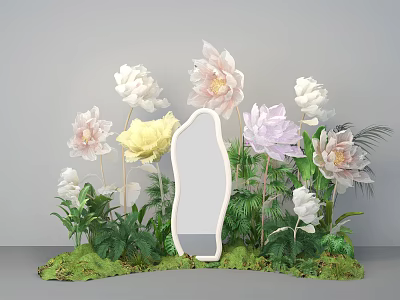 Elegant Photo Spot With Large Colorful Flowers Lush Green Plants And Mirror 3d model