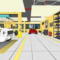 Professional 4S Auto Dealership Interior Featuring White Car Service Equipment Yellow Pillars And Modern Lighting