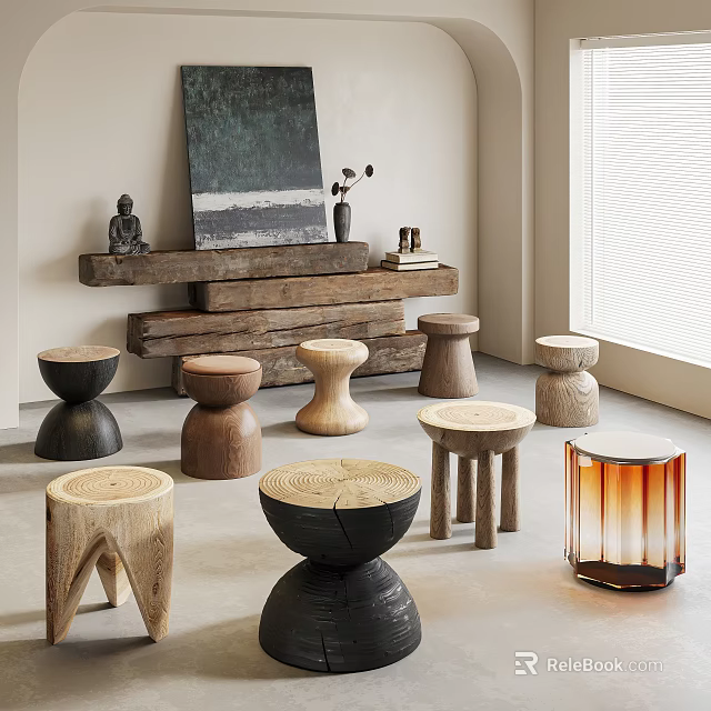 Various Wooden Stools With Different Designs In Modern Interior Space With Artwork 3d model