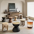 Various Wooden Stools With Different Designs In Modern Interior Space With Artwork 3d model