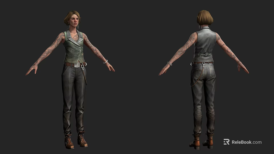 Woman 3D Model With Sleeveless Top Tattooed Arms Dark Pants Boots Front And Back Views 3d model 