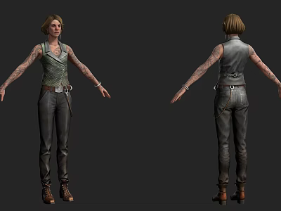 Woman 3D Model With Sleeveless Top Tattooed Arms Dark Pants Boots Front And Back Views 3d model