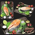 Grilled Salmon Steak With Fresh Lettuce Cherry Tomatoes And Herb Sauces On Wooden Cutting Board