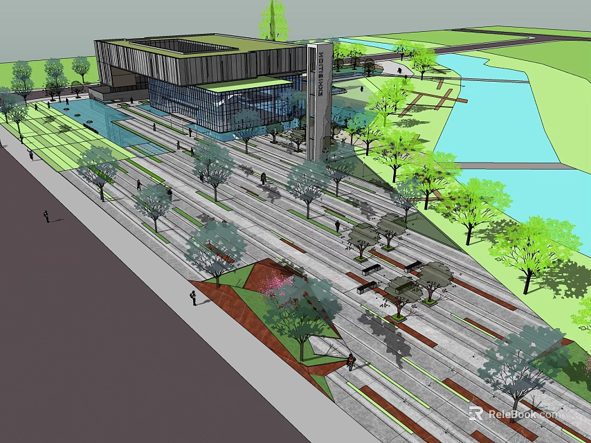 Modern Sales Office Building with Surrounding Trees Water Feature and Green Walkways 3d model 