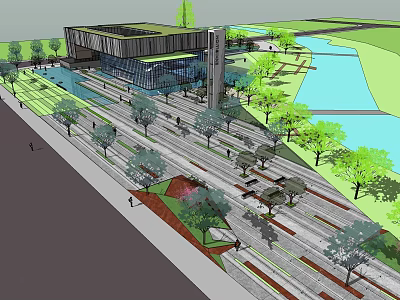 Modern Sales Office Building with Surrounding Trees Water Feature and Green Walkways 3d model