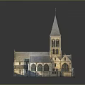 Historic Church Building With Tall Spire Stone Tower And Stained Glass Windows