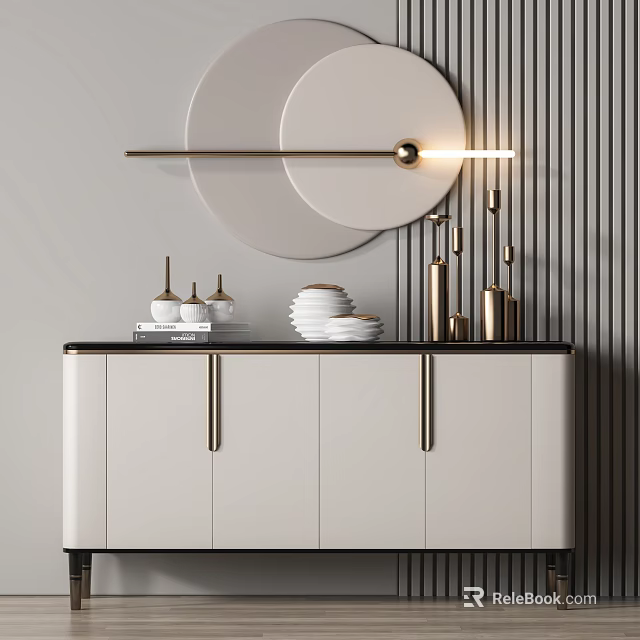 Modern Entryway Side Cabinet With White Cabinets Black Countertop Golden Decor Round Mirror And Lighting 3d model 