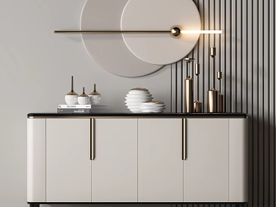 Modern Entryway Side Cabinet With White Cabinets Black Countertop Golden Decor Round Mirror And Lighting 3d model