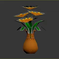 Orange Carved Vase With Yellow Blooming Flowers And Green Leaves