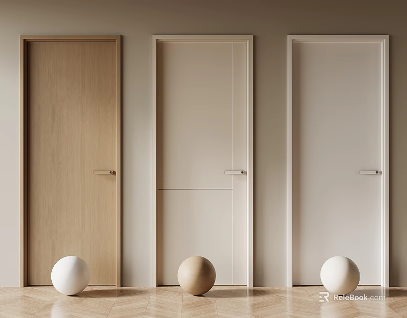 Three Light Wood Beige And White Hinged Doors In Modern Wooden Floor Interior Design 3d model 