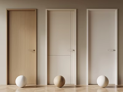 Three Light Wood Beige And White Hinged Doors In Modern Wooden Floor Interior Design 3d model