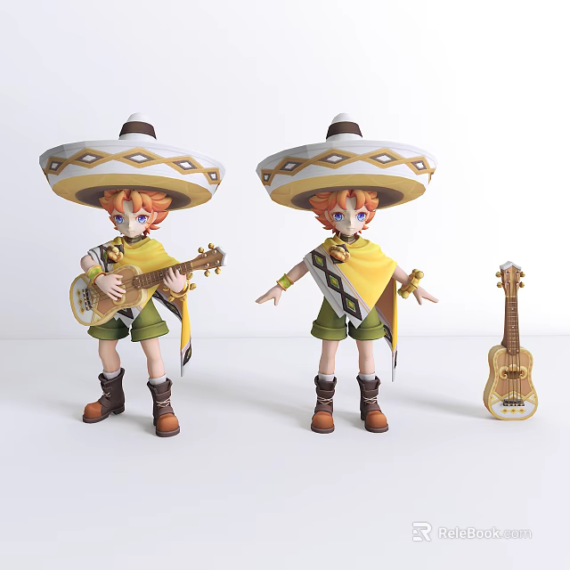 3D Game Movie Character Model With Sombrero Hat Orange Hair Green Shorts And Guitar 3d model 