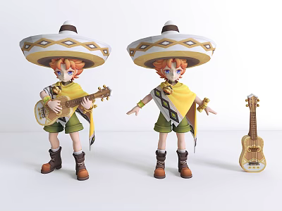 3D Game Movie Character Model With Sombrero Hat Orange Hair Green Shorts And Guitar 3d model