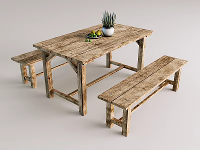 Rustic Wooden Dining Table with Benches Fruit Plate and Succulent Plant Decor 3d model