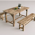 Rustic Wooden Dining Table with Benches Fruit Plate and Succulent Plant Decor
