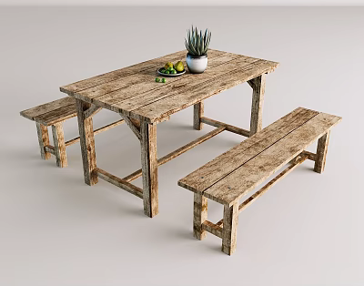 Rustic Wooden Dining Table with Benches Fruit Plate and Succulent Plant Decor 3d model