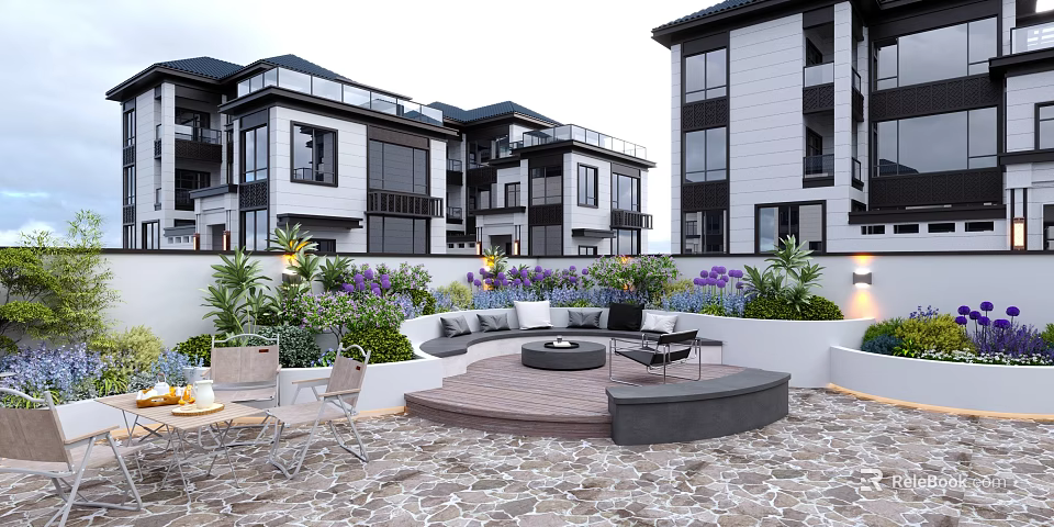 Modern Villa Courtyard Garden With Green Plants Purple Flowers Sofa And Stone Paved Floor 3d model 