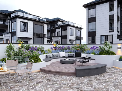 Modern Villa Courtyard Garden With Green Plants Purple Flowers Sofa And Stone Paved Floor 3d model