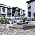 Modern Villa Courtyard Garden With Green Plants Purple Flowers Sofa And Stone Paved Floor