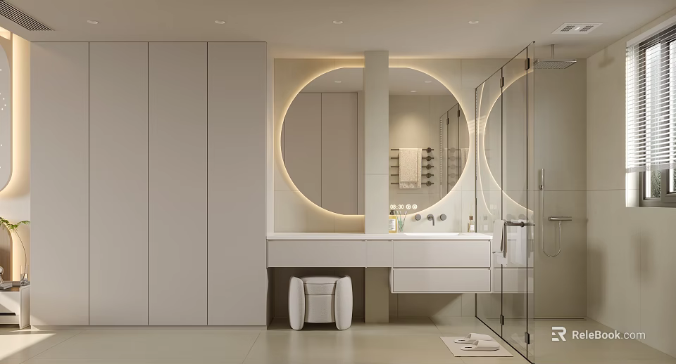 Modern Bathroom Interior Design With Round Backlit Mirror White Vanity Glass Shower Enclosure And Cabinets 3d model 