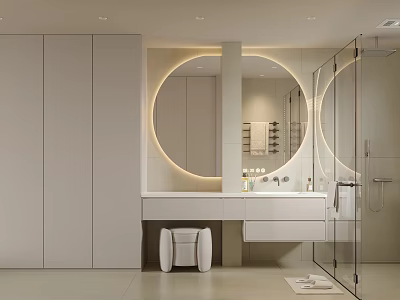 Modern Bathroom Interior Design With Round Backlit Mirror White Vanity Glass Shower Enclosure And Cabinets 3d model