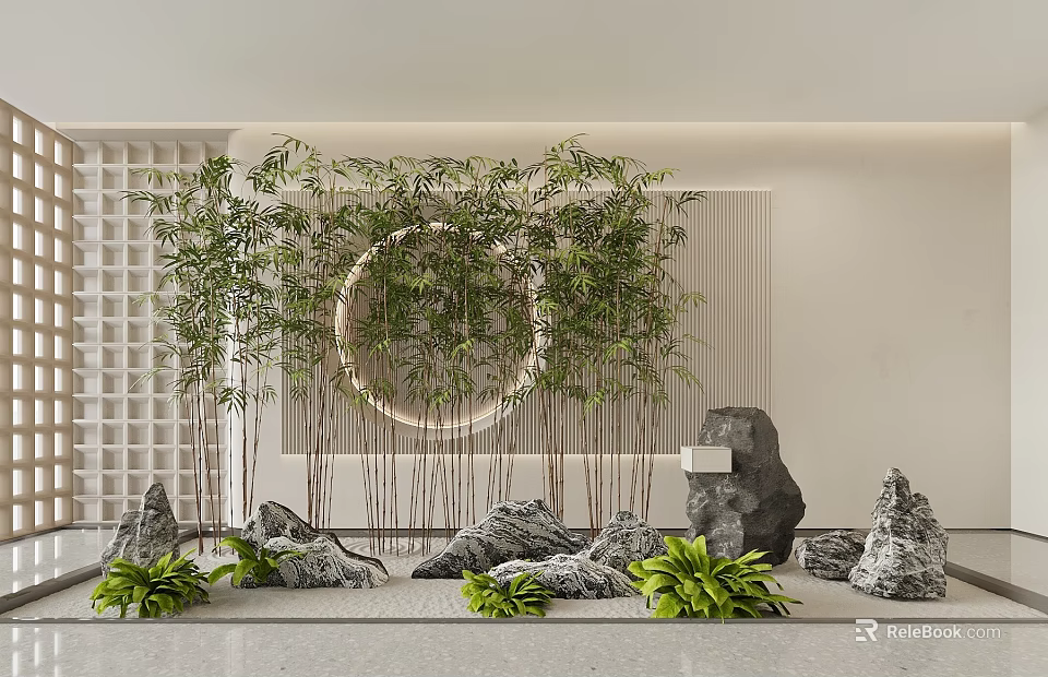 Bamboo Arrangement With Stones Circular Ring And Green Plants In Modern Indoor Scene 3d model 
