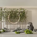 Bamboo Arrangement With Stones Circular Ring And Green Plants In Modern Indoor Scene