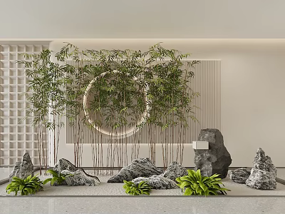 Bamboo Arrangement With Stones Circular Ring And Green Plants In Modern Indoor Scene 3d model