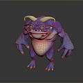 Game Movie Character With Blue Purple Skin Curved Horns Big Yellow Eyes Round Belly And Sharp Claws