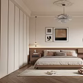 Elegant Bedroom With Built In Wardrobes Round Mirror Decorative Paintings And Wooden Herringbone Floor