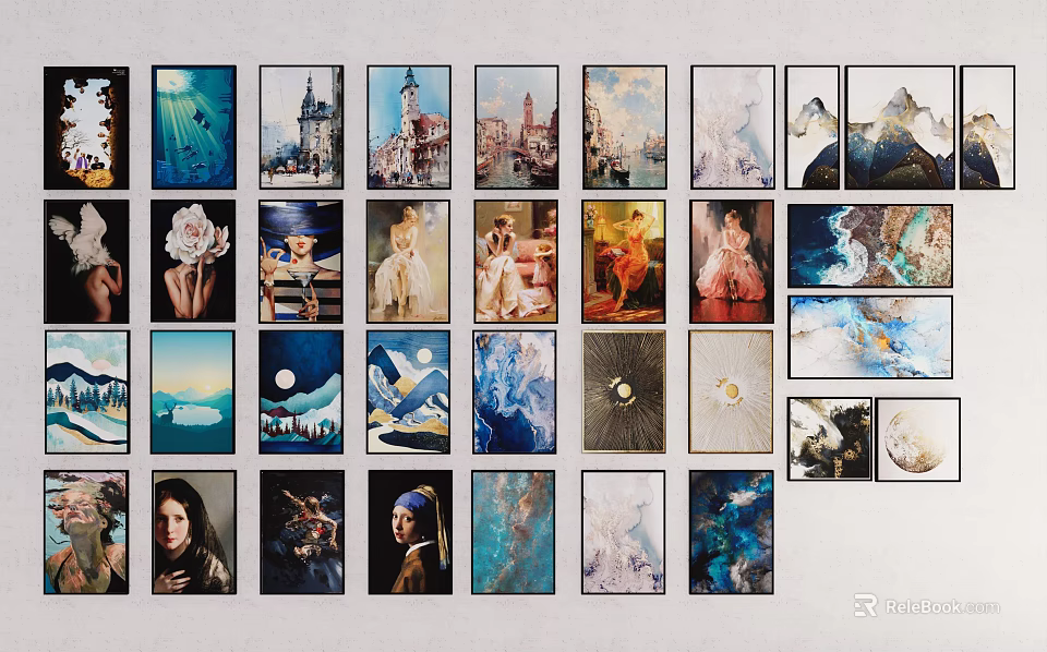 Multiple Framed Artworks in Various Styles Arranged on White Wall for Home Decor 3d model 