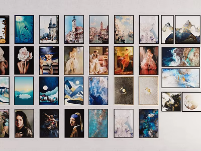 Multiple Framed Artworks in Various Styles Arranged on White Wall for Home Decor 3d model