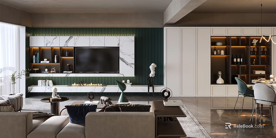 Modern Living Dining Room Interior Design With Marble TV Wall And Decorative Sofa Items 3d model 