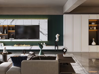Modern Living Dining Room Interior Design With Marble TV Wall And Decorative Sofa Items 3d model