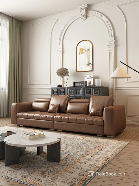 Brown Leather Sectional Sofa In Elegant Living Room With Decorative Painting Cabinet And Floor Lamp 3d model 