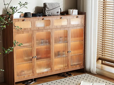 Wooden Shoe Cabinet With Glass Doors And Storage Items Near Window Plants 3d model