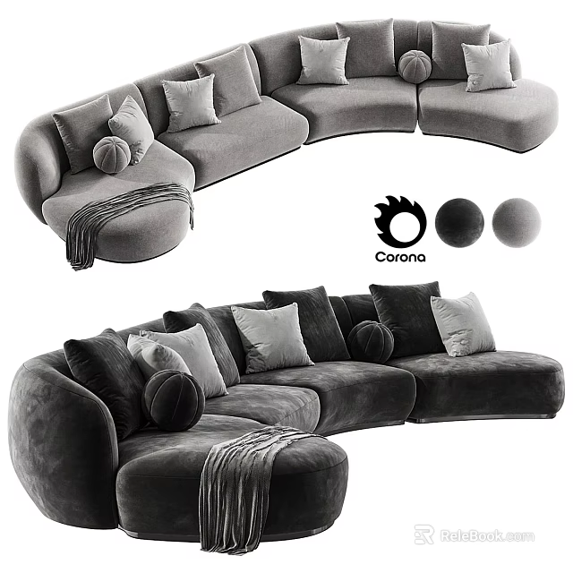 Cozy Curved Sectional Sofa With Multiple Soft Cushions Pillows And Throw Blanket 3d model 
