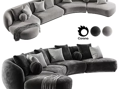 Cozy Curved Sectional Sofa With Multiple Soft Cushions Pillows And Throw Blanket 3d model
