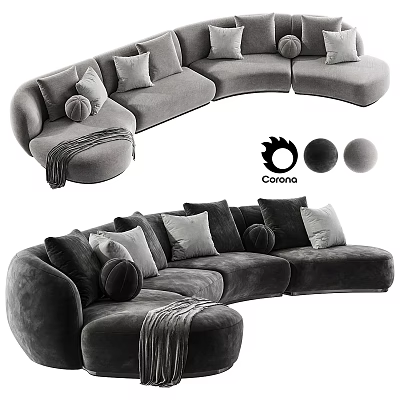Cozy Curved Sectional Sofa With Multiple Soft Cushions Pillows And Throw Blanket 3d model