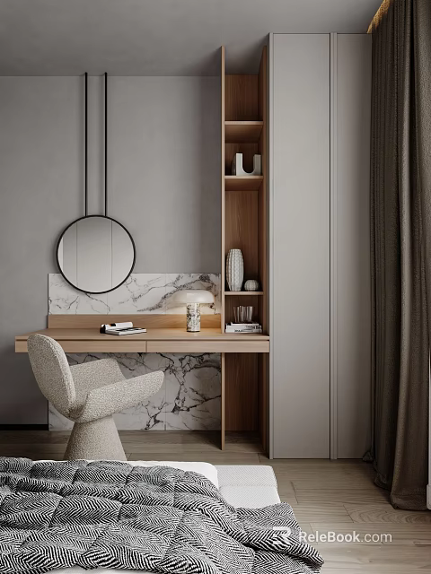 Minimalist Dressing Table With Round Mirror Marble Background Wooden Countertop And Chair 3d model 
