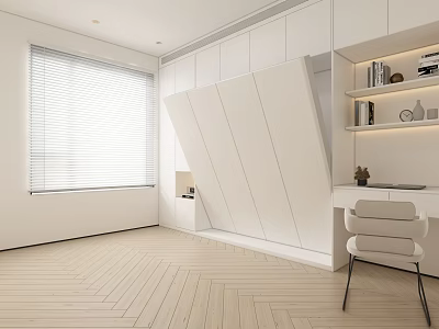 Modern White Bedroom Interior Design With Window Blinds Light Wooden Floor Desk And Shelves 3d model