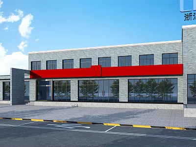 Modern Commercial Building With Gray Brick Walls Large Glass Windows Red Banner And Parking Lot 3d model