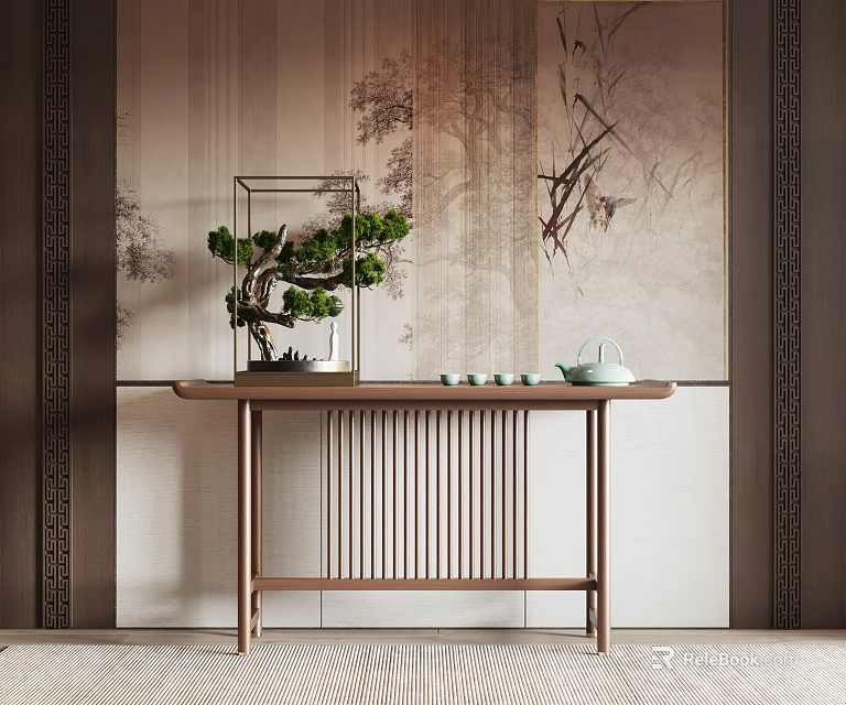 Oriental Style Decorative Console Table With Potted Plant Teapot And Wall Art 3d model 