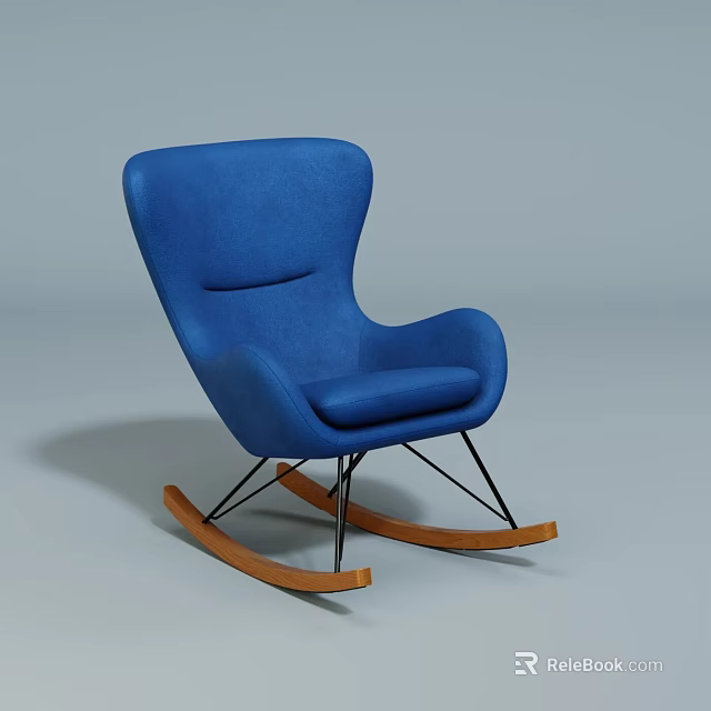 Comfortable Blue Upholstered Modern Rocking Accent Chair With Wooden Base Design 3d model 