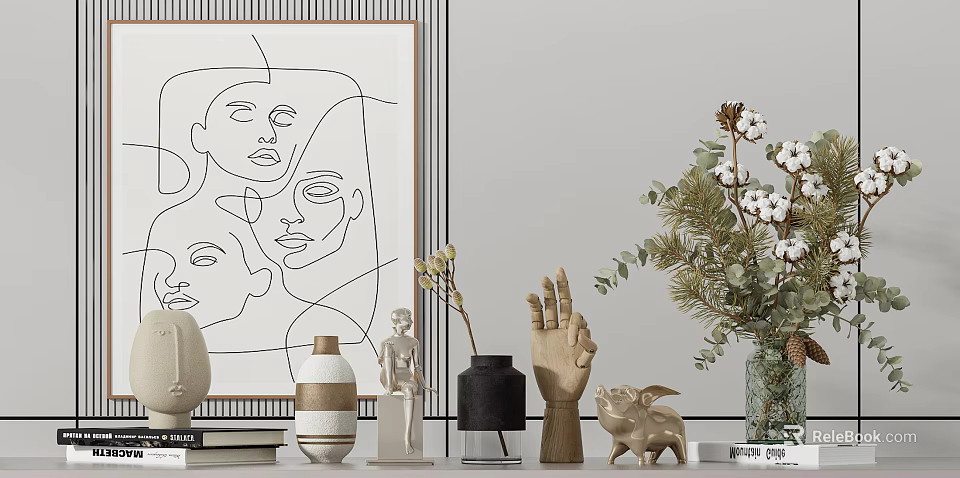 Modern Minimalist Decorative Ornament Set With Line Art Painting Vases Sculptures And Green Plants 3d model 